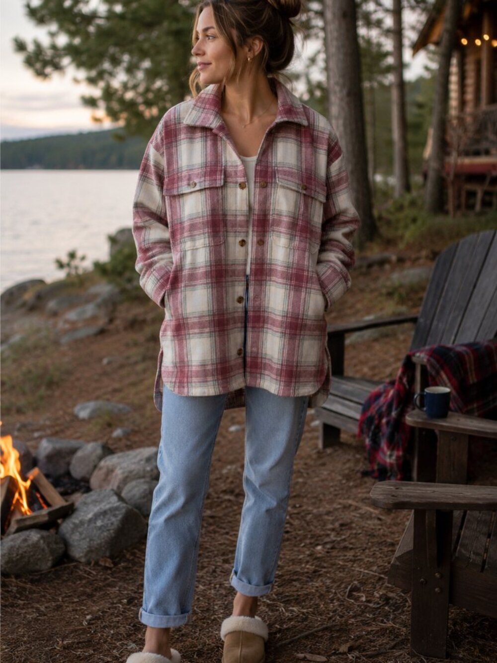 Oversized Plaid Banana Republic Shacket Jacket  Small | Pink Cream Button Front
